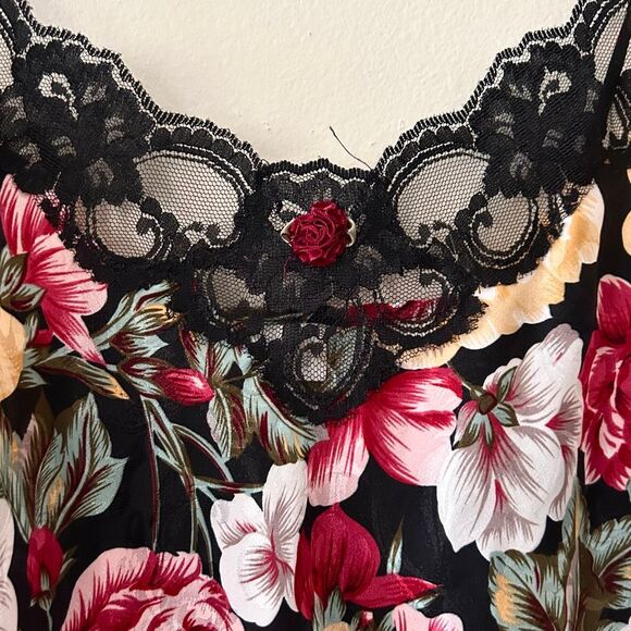 VTG Satin & Lace Floral Slip Dress 90s Black Red Pink Asymmetrical Inner Most L - Picture 3 of 8